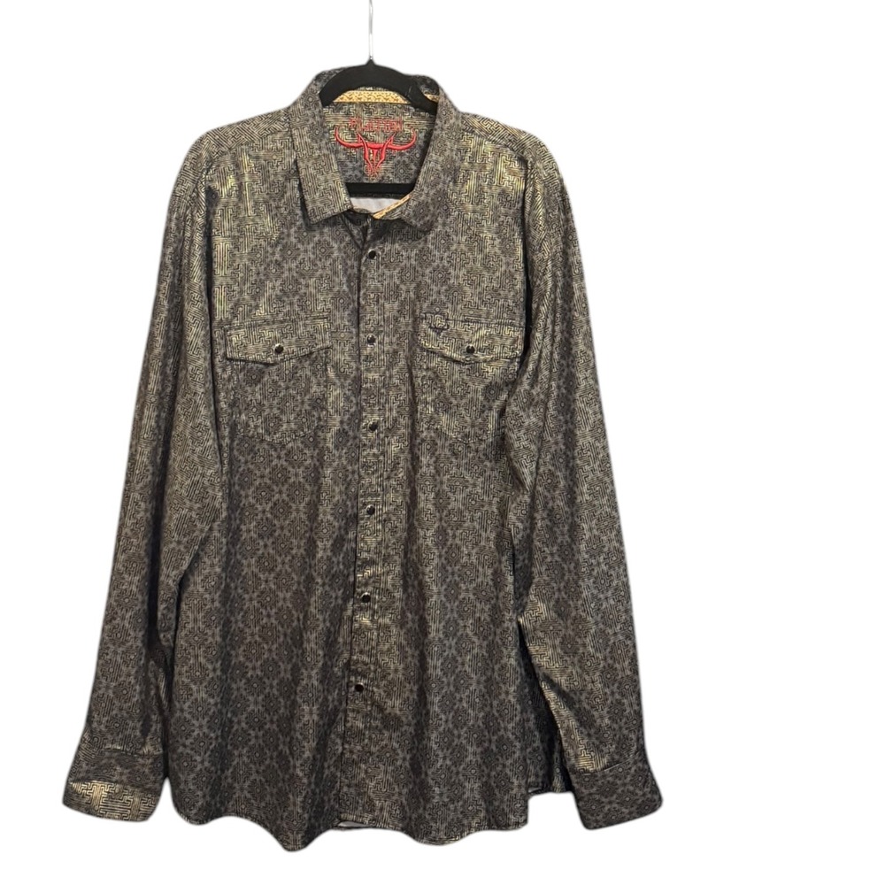 Platini Mens Western Shirt Gold Metallic Geometric Snap Front Long Sleeve 3XL